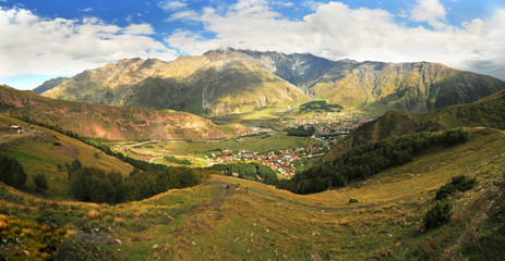 Village of Gergeti  situated on the right bank of the river Chkheri under Mount Kazbegi in Georgia
