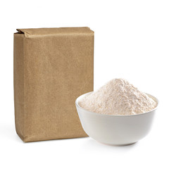 Blank brown craft or kraft paper flour package isolated on white background 