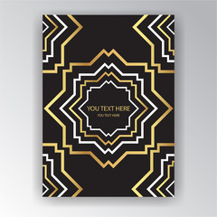 Art Deco page template, octagonal geometric pattern with zoom in effect for print and web decoration, creative style background golden black white.