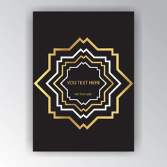 Art Deco page template, octagonal geometric pattern with zoom in effect for print and web decoration, creative style background golden black white.