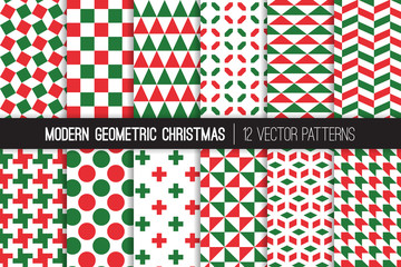 Christmas Red Green White Modern Geometric Vector Patterns. Bold Prints for Xmas Wrapping Paper or Card-making. Holiday Backgrounds. Repeating Pattern Tile Swatches Included. 