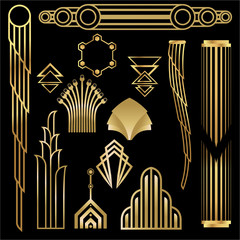 Art deco/Art nuvo diy vector golden black elegant  set of objects for print and web. Creative illustration..