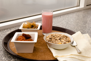 oat flakes and various delicious ingredients for breakfast, top view.