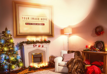 
Frame on Wall with Holiday Decorations Mockup