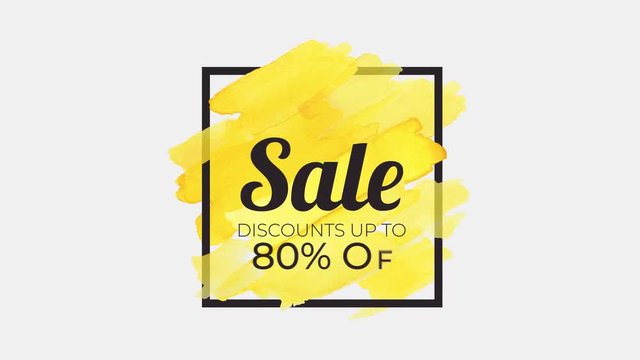 Animation of 80% sale text in a square stroke with colorful watercolor brushes style.