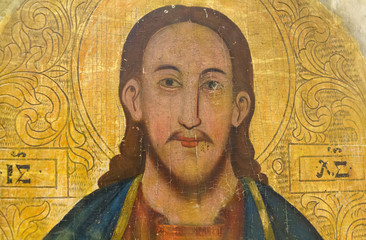 Bardejov, Slovakia. 9 August 2018. An icon Christ Pantocrator (the ruler of the world) from a...