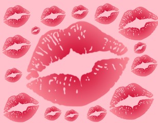 Red lips print on the pink backgroud.