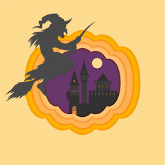 Helloween paper cut vector illustraion with haunted and scary castle full moon helloween with witch ,cartoon style inside pumpkin