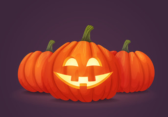 Smiling orange pumpkin illuminated from the inside with two pumpkins on purple background. Halloween, harvest, autumn symbol, icon.