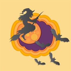 Helloween paper cut vector illustraion with haunted and scary castle full moon helloween card  , cartoon style inside pumpkin