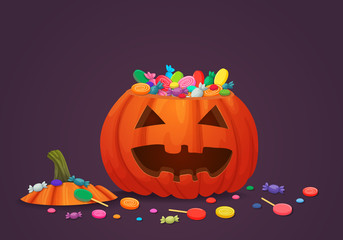 Smiling pumpkin basket with top cut off with sweets inside and all around on purple background. Halloween symbol, icon.