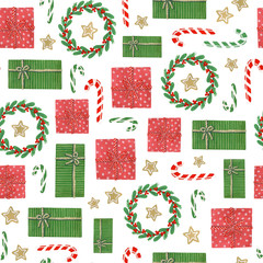 christmas seamless pattern. hand painted gouache gift boxes, winter plant wreath and candy. white backdrop.