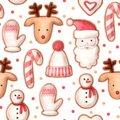 christmas seamless pattern. hand painted watercolor gingerbread with confetti. white backdrop. - 229834648