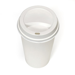 Disposable blank take away coffee cup, top view. Disposable paper cup isolated on white.