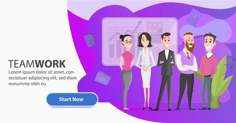 Cartoon office workers team character. Business landing page