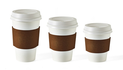 Large medium and small, three sizes blank take away coffee cups isolated on white background 