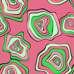 Wavy Distorted Rounds. Seamless Pattern with Deformed Circles. Hand Drawn Abstract Background. Vector Psychedelic Illustration with Colorful Spots. Wave Seamless Pattern for Fabric, Textile, Wrapping.