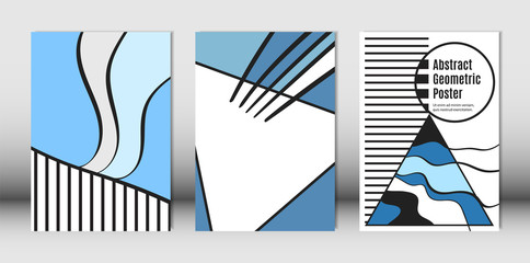 Templates Set with Bauhaus and Geometric Elements in Blue, White and Black Colors. Placards Set with Wavy Stripes, Triangles and Abstract Vector Shapes. Covers for Brochures, Poster, Magazine, Layout.