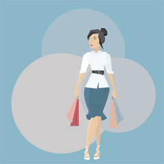 Brunette young  woman with shopping bags. Cartoon style illustration .