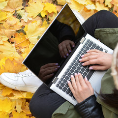Girl in hipster with laptop in autumn park. A woman in a cap using a laptop while sitting on fallen leaves. Freelancer in the hat uses remote communication technology. Remote work. View from above