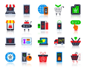 Online Shop simple flat color icons vector set