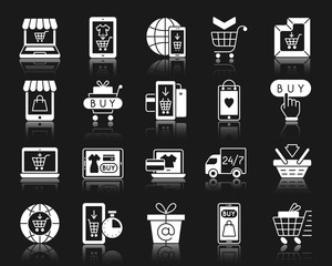Online Shop white silhouette icons vector set