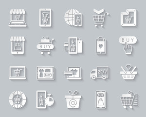 Online Shop simple paper cut icons vector set