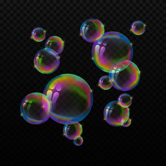 Vector 3d flying rainbow water bubbles isolated on dark transparent background. Volumetric balls of soap, fluid with reflection, soapy balloon. Washing and bathing, bathroom and hygiene.