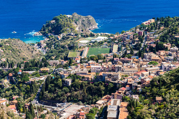 The view from the small village Castelmola at mountain top above Taormina, with the view of Mediterranean Sea and the skyline of Taormina.