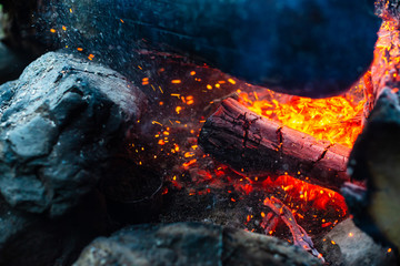 Smoldered logs burned in vivid fire close up. Atmospheric background with flame of campfire....
