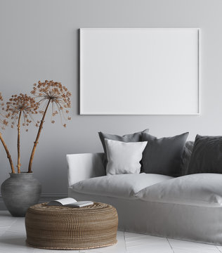 Mock up poster frame in interior background, Scandi-Boho style living room, 3D render