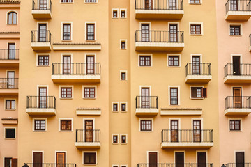 Valencia, Spain - September 30, 2018: Venetian style buildings in the residential port of Port SaPlaya.