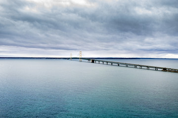 Fototapeta premium Aerial view of the beautiful Mackinaw Bridge. The largest suspended bridge in America