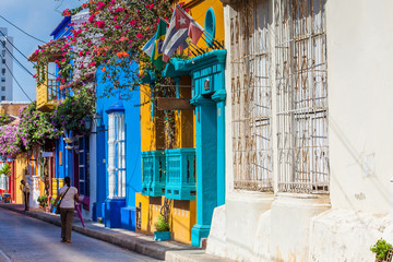 The colorful houses of the Tumbamuertos street in the walled city of Cartagena de Indias