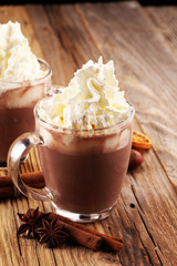Hot chocolate cocoa with whipped cream on table.