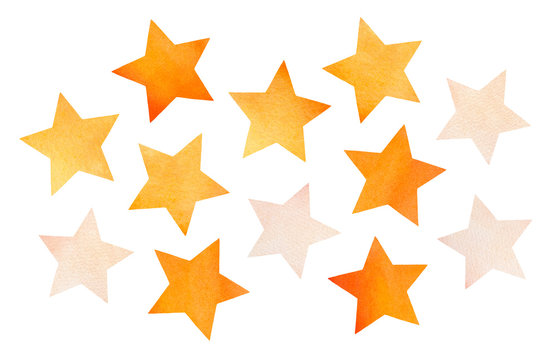 Decorative collection of watercolor star shapes. Hand painted water color graphic illustration on white, cut out clip art elements to decorate creative projects, cards, invitations, prints, scrapbook.