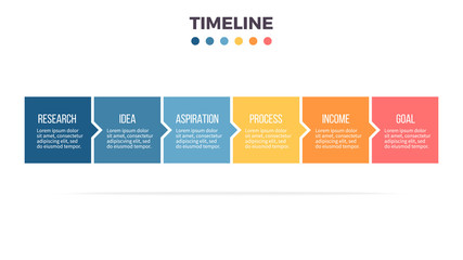 Business infographics. Timeline with 6 steps, options, squares. Vector template.