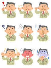 作業着の中年男性 上半身 9種類の表情とポーズのセット
