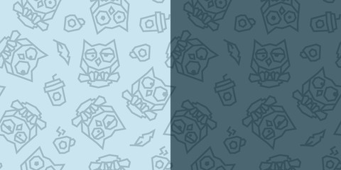 Funny owls and morning coffee low poly seamless pattern. Light blue and dark blue versions.