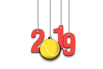 2019 New Year and tennis ball hanging on strings