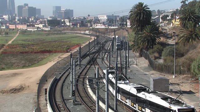 Tracks of Los Angeles Metro Rail near downtown, California, USA.