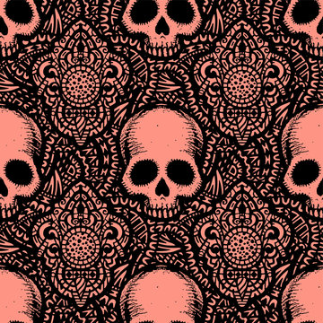 Seamless pattern with hand drawn skulls.