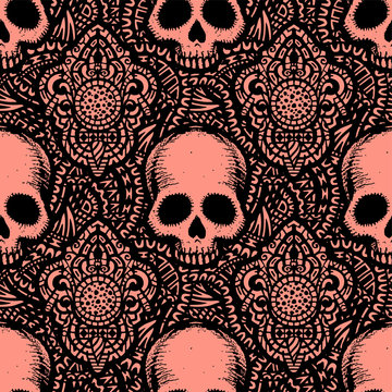 Seamless pattern with hand drawn skulls. Vector Illustration