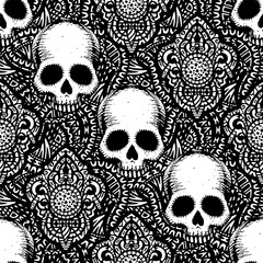 Seamless pattern with hand drawn skulls.