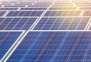 Close up rows array of solar cells or photovoltaics in solar power plant systems convert light...