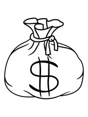 cool dollar symbol zeichen geld reich geldsack reichtum schatz beute münzen geldscheine stoff beutel sack geschenk verpackt gefüllt voll prall säckchen tasche clipart comic cartoon design