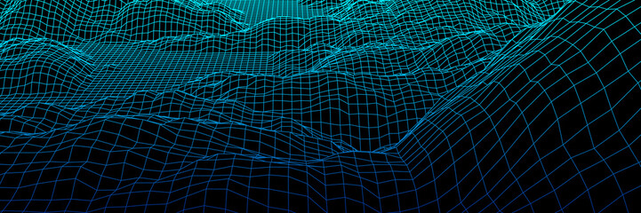 Digital landscape with mountains or hills made of line grid