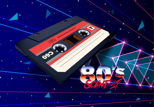 Compact cassette in space with laser rays and neon triangles for 80s styled new retro wave music party poster, banner or event invitation