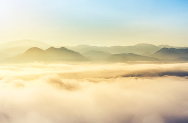 landscape view of sunrise with fog in early morning on the top of the hill at yun lai viewpoint, pai, Mae Hong Son thailand.