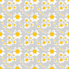 Seamless floral pattern of white flowers with yellow pollen on gray background. Flat design vector illustration, EPS10. Use as background, wallpaper, gift wrap paper, tile and fabric prints.